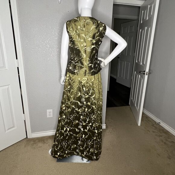 Carlisle Sz 8 Skirt 10 Top 3 Piece Silk Maxi Skirt Set Olive Green Embroidered - Picture 5 of 13